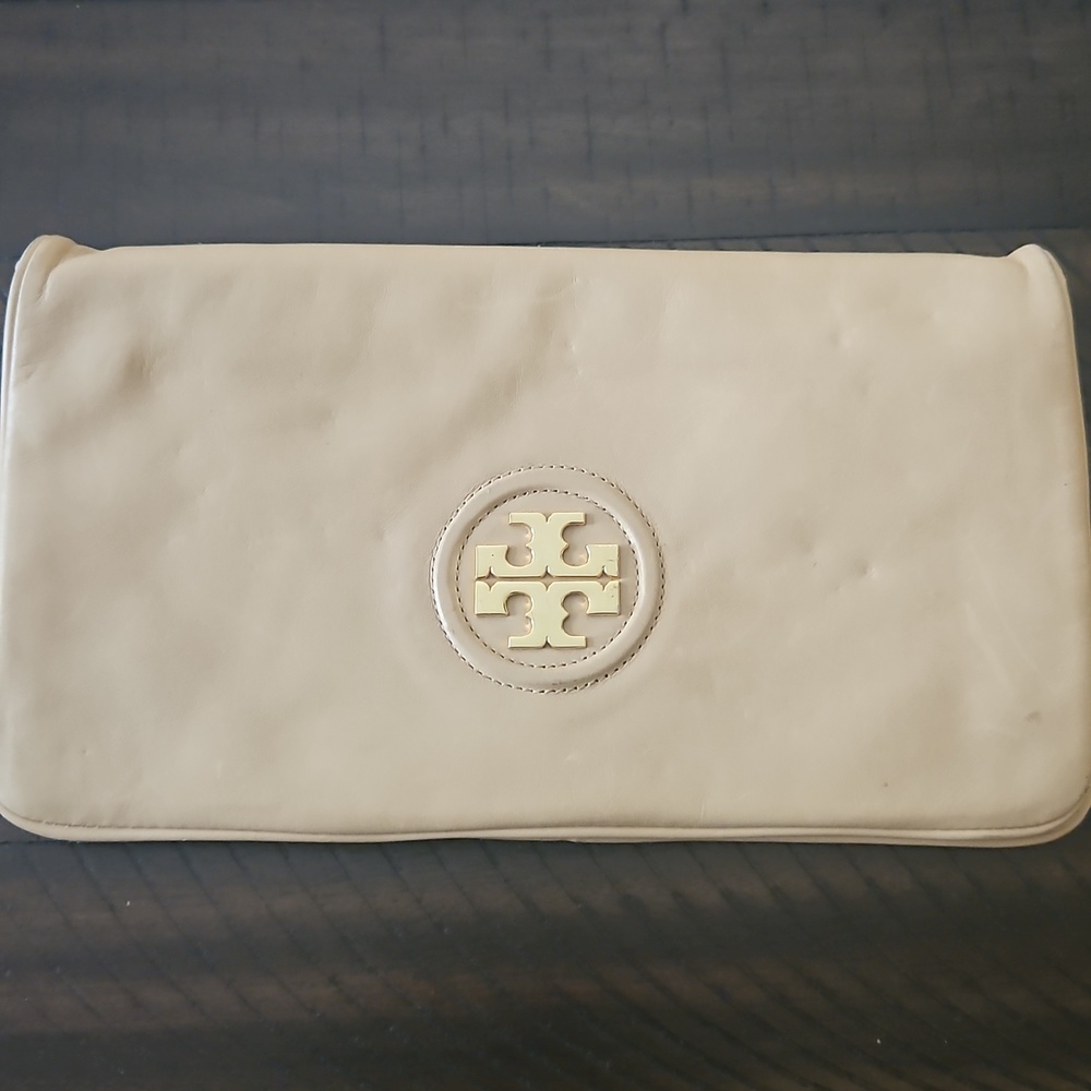 Tory Burch Cream Leather Logo Fold-Over Clutch with Gold Emblem